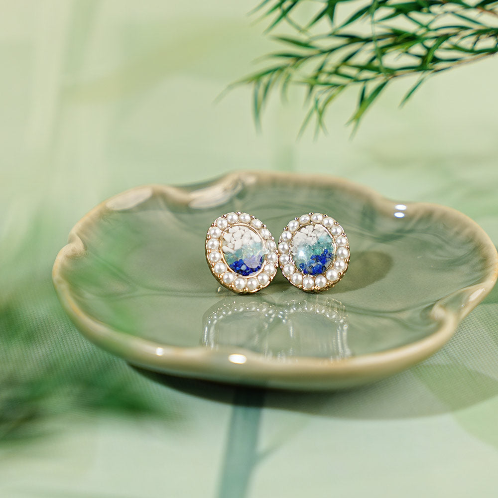 Colorful Stone Inlaid Oval Pearl Earrings, Blue-White Gradient