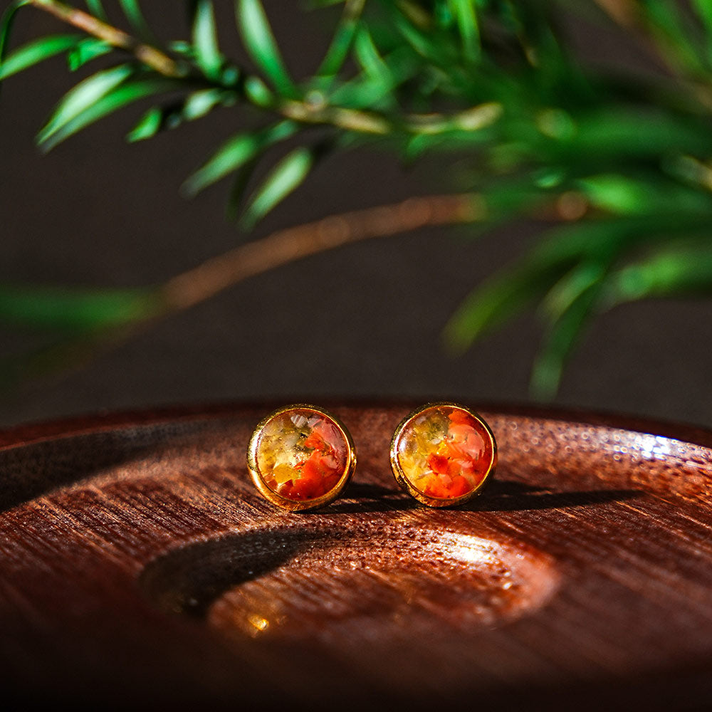 Color Stone Inlay Small Round Bead Stud Earrings, Red & Prosperous Series