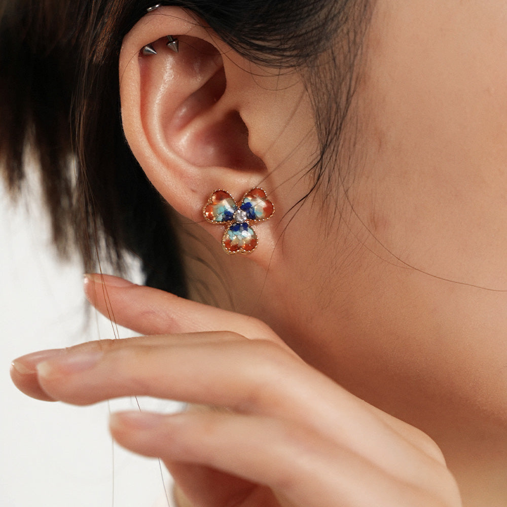 Colorful Stone Inlaid Earrings, Dunhuang Red Three-Leaf Clover Style