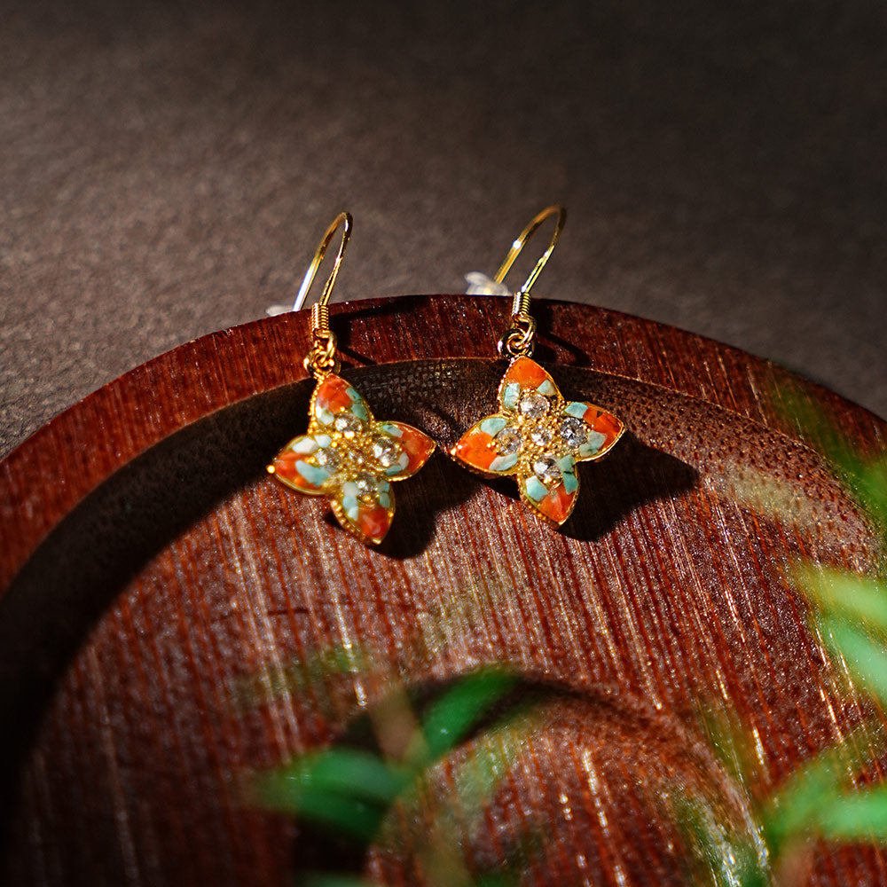 Color Stone Inlay Pointed Four-Leaf Clover Hook Earrings - Dunhuang Series