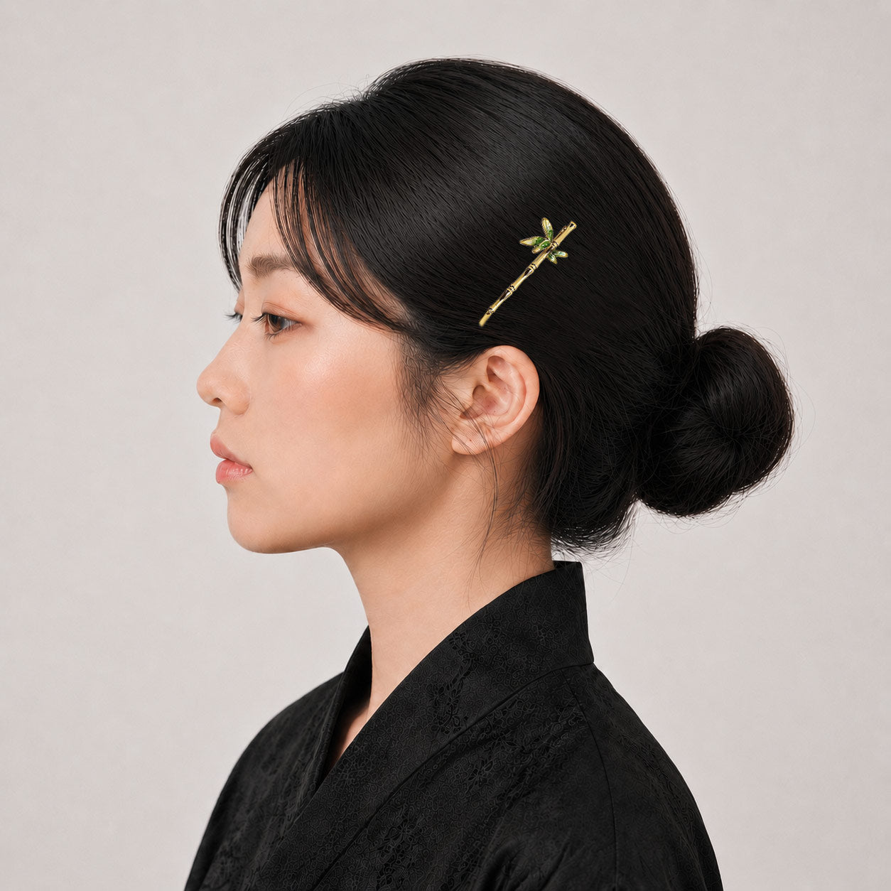 Jadeite Bamboo Hairpin with Colorful Stone Inlay