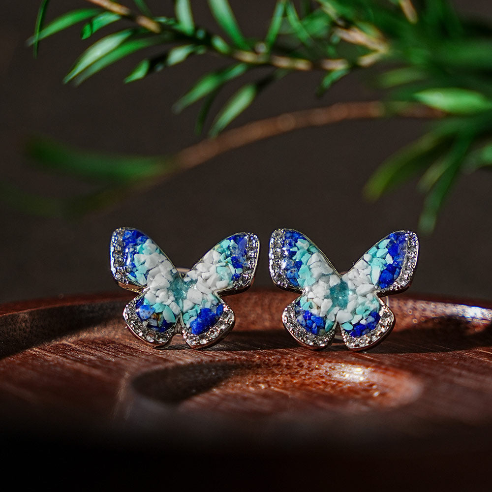 Color Stone Inlay Earrings – Blue & White Butterfly 15MM