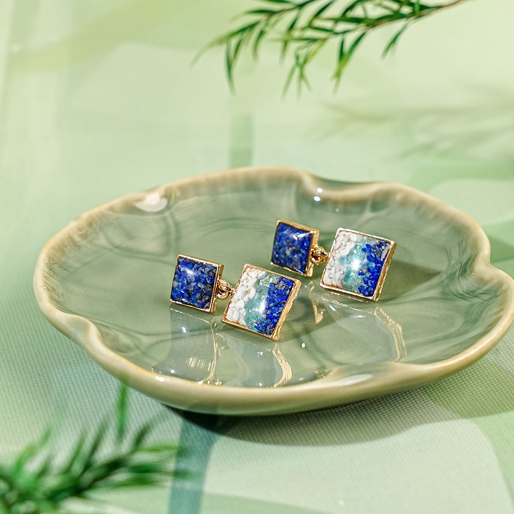Square Blue-and-White Inlaid Stone Earrings