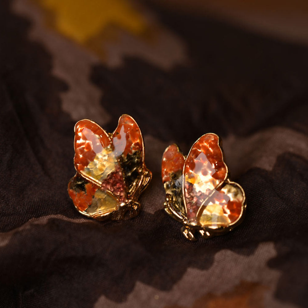 Color Stone Inlay Butterfly Wing Stud Earrings - Red & Prosperous Series