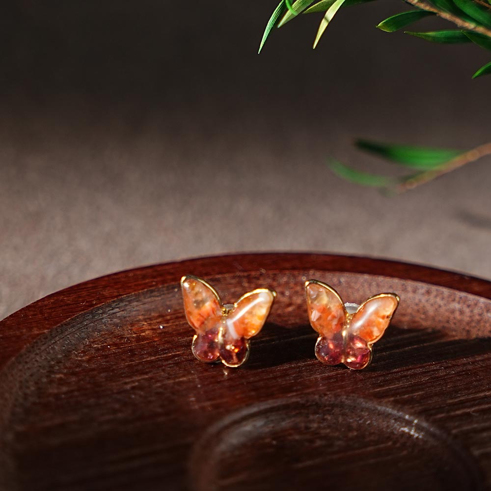 Colored Stone Inlaid Butterfly Earrings Red Prosperity Series
