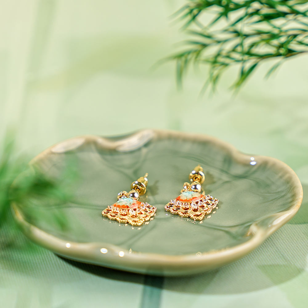 Dunhuang Color Openwork Fan Stone Inlay Earrings