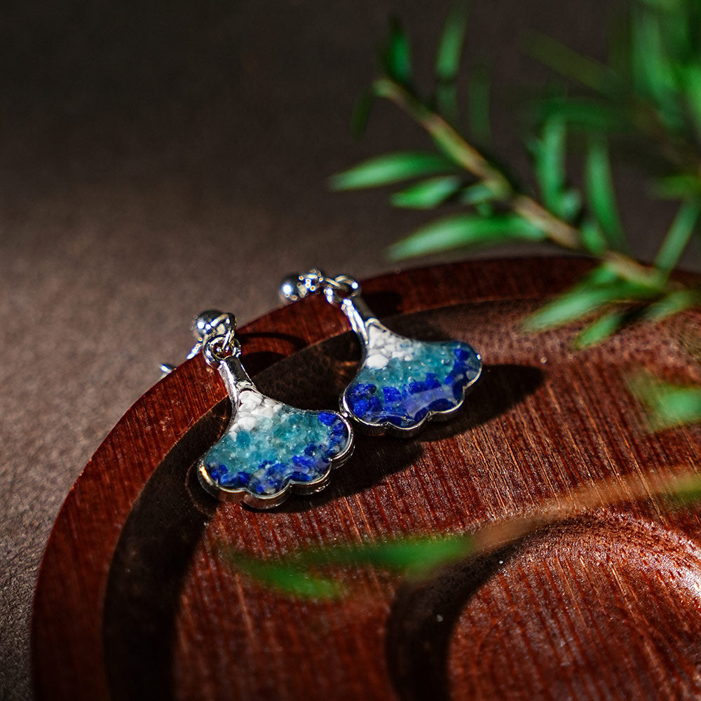 Color Stone Inlay Silver Blue & White Ginkgo Stud Earrings