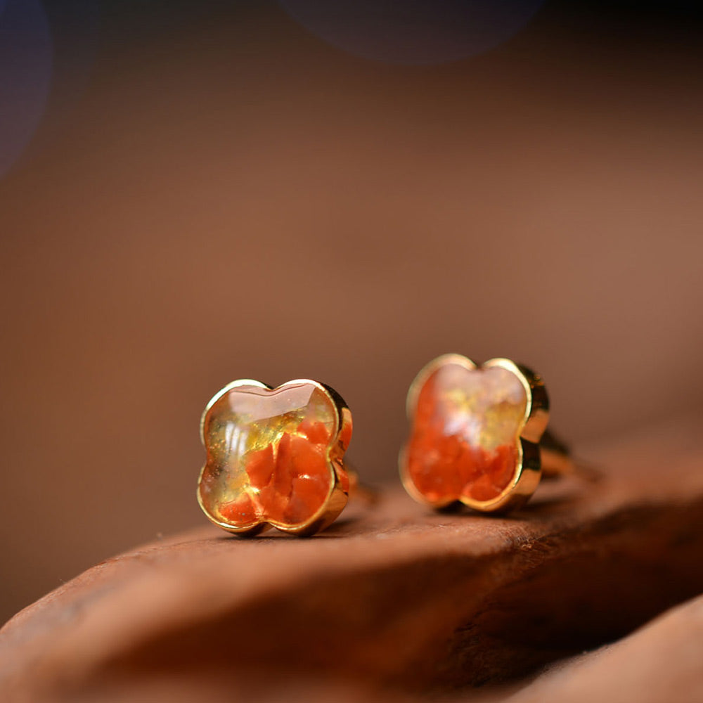 Color Stone Inlay Four-Leaf Clover Drop Earrings – Red & Prosperous Series