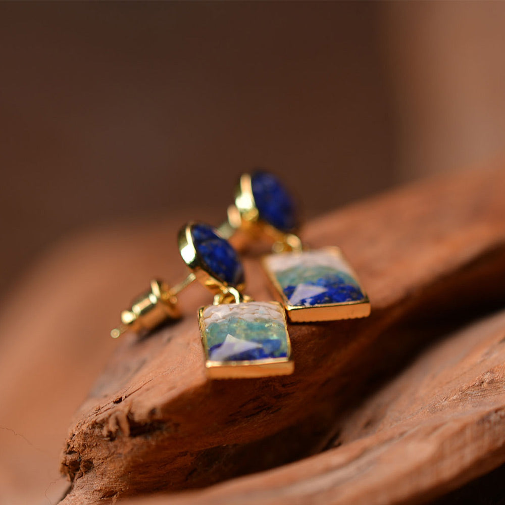Color Stone Inlay Earrings – Blue & White Round Square