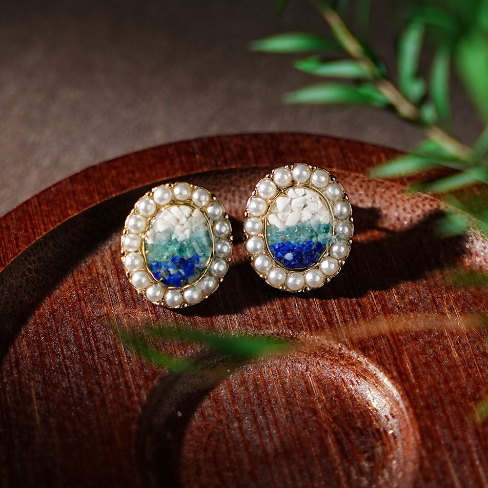 Colorful Stone Inlaid Oval Pearl Earrings, Blue-White Gradient