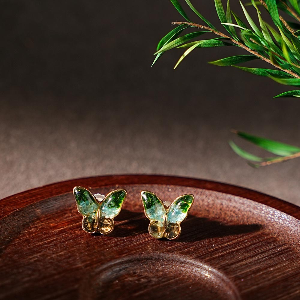 Color Stone Inlay Jade Green Little Butterfly Stud Earrings