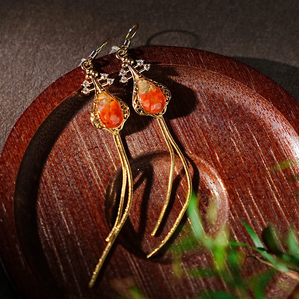 Colored Stone Inlaid Tassel Pipa Earrings Red Prosperity Series