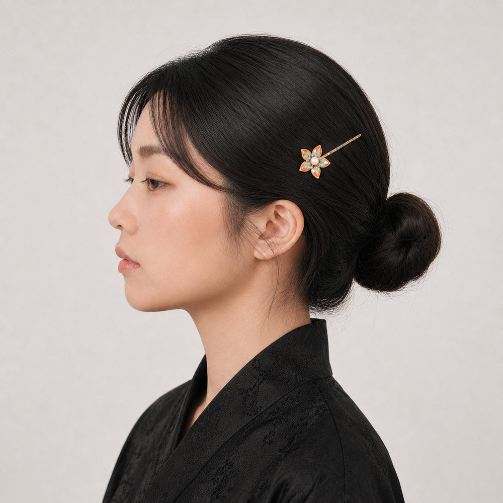 Colorful Stone Inlaid Nan Hong Five-Petal Flower Hair Clip, Dunhuang Red Style