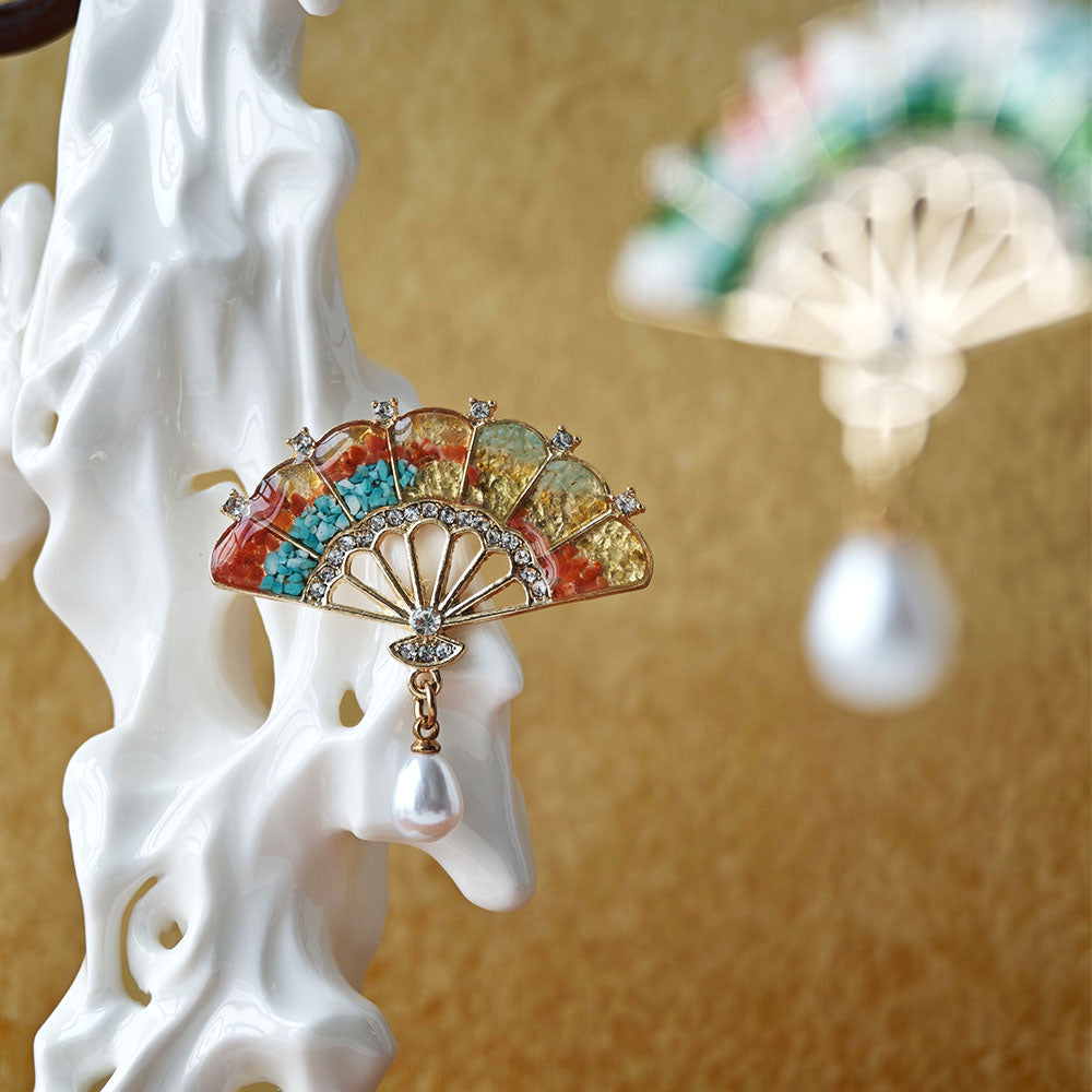Dunhuang Tone Gem Inlay Fan Brooch with Pearl