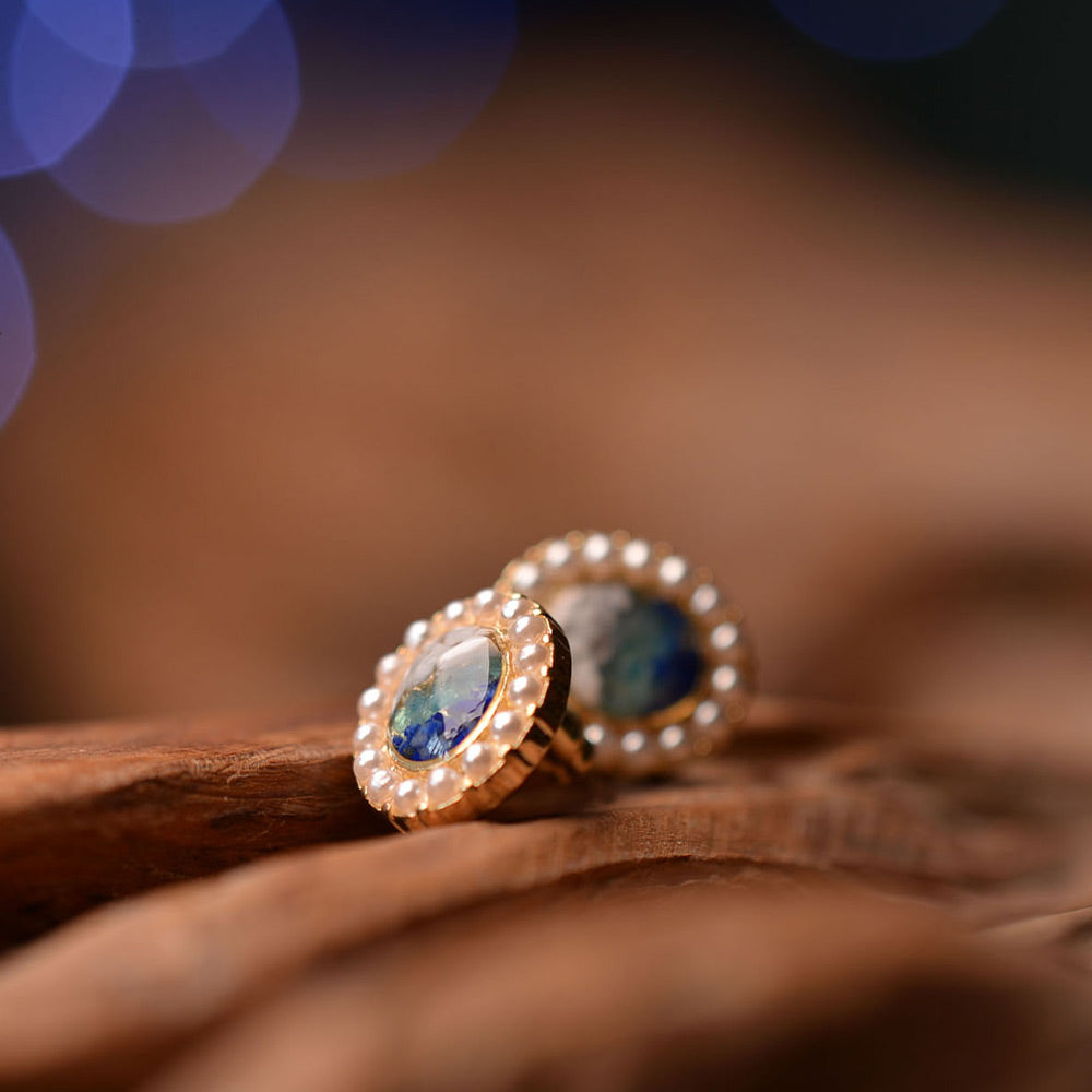 Colorful Stone Inlaid Oval Pearl Earrings, Blue-White Gradient