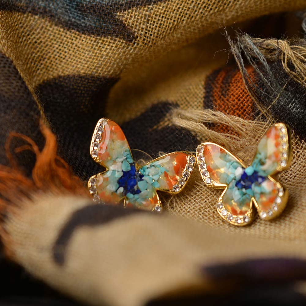 Color Stone Inlay Butterfly Stud Earrings – Dunhuang Color 15MM with Crystal I1