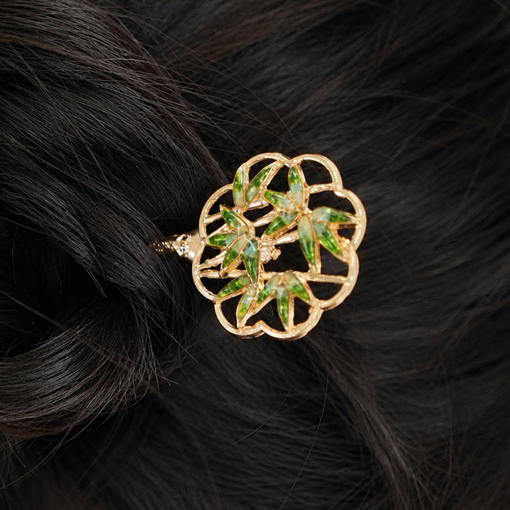 Jadeite Green Color Variation: Color Stone Inlaid Openwork Bamboo Hairpin