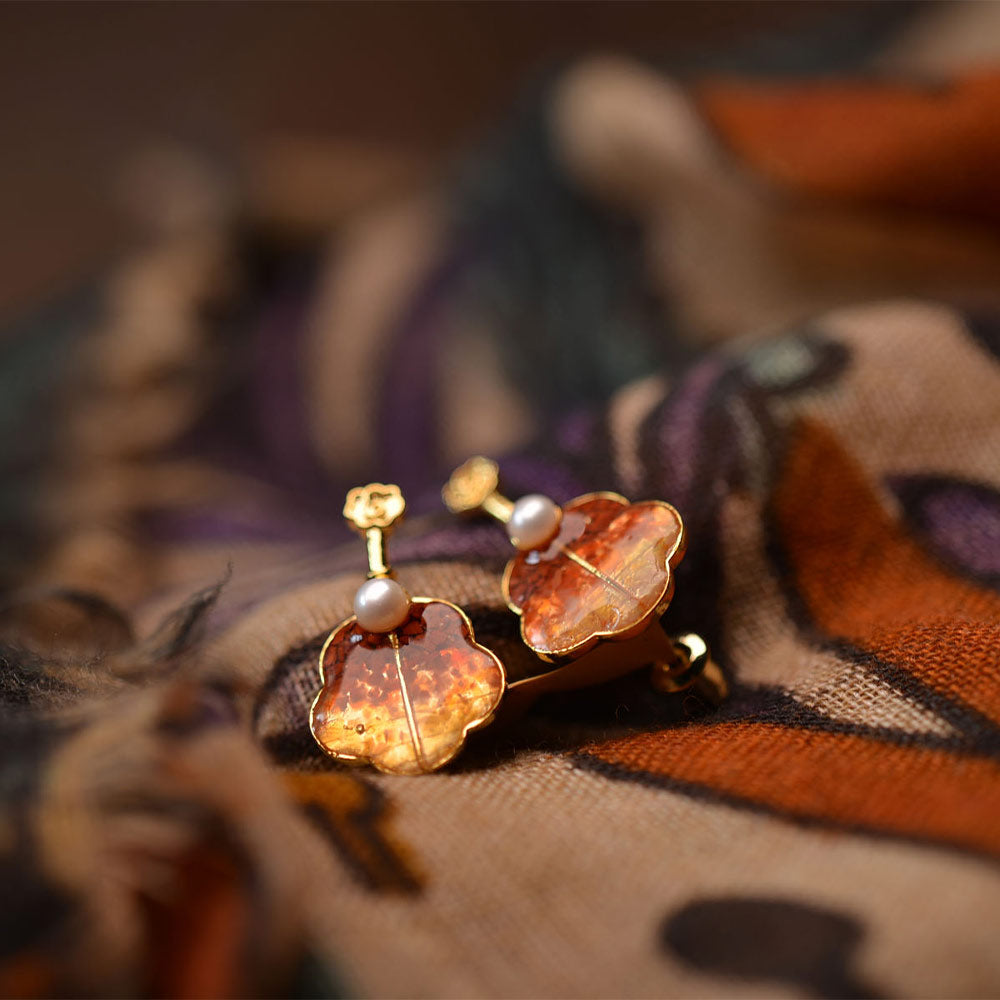 Colorful Stone Inlaid Earrings, Prosperity Red Folding Fan