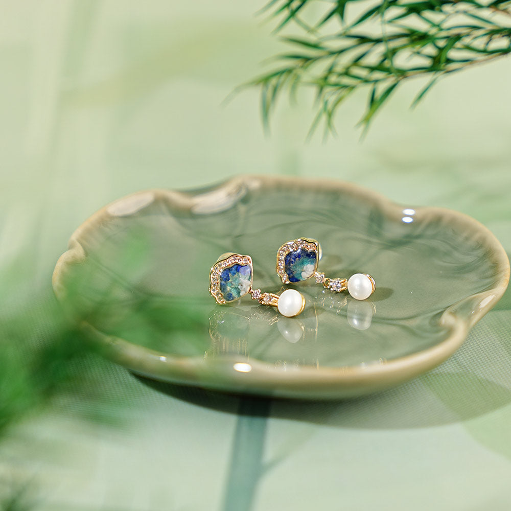 Jade Blue & White Shell Stone Inlay Earrings