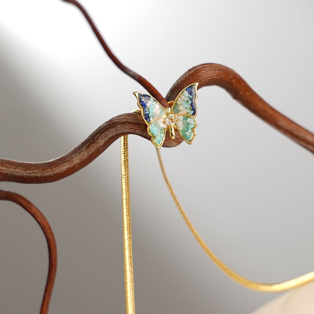 Color Stone Inlay Butterfly Necklace – Blue & White Style
