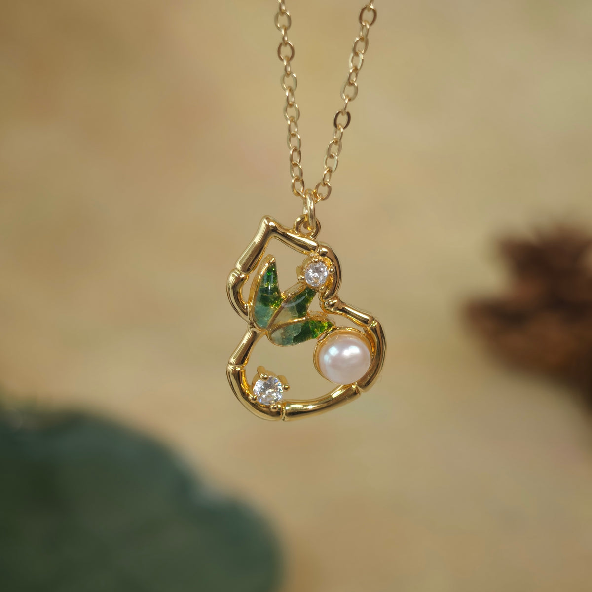Gourd & Bamboo Leaf Pearl Necklace – Jade Green Series