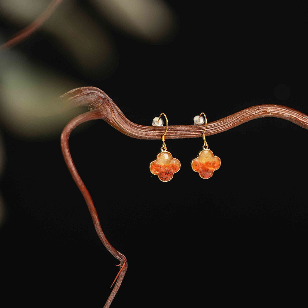 Color Stone Inlay Four-Leaf Clover Drop Earrings – Red & Prosperous Series