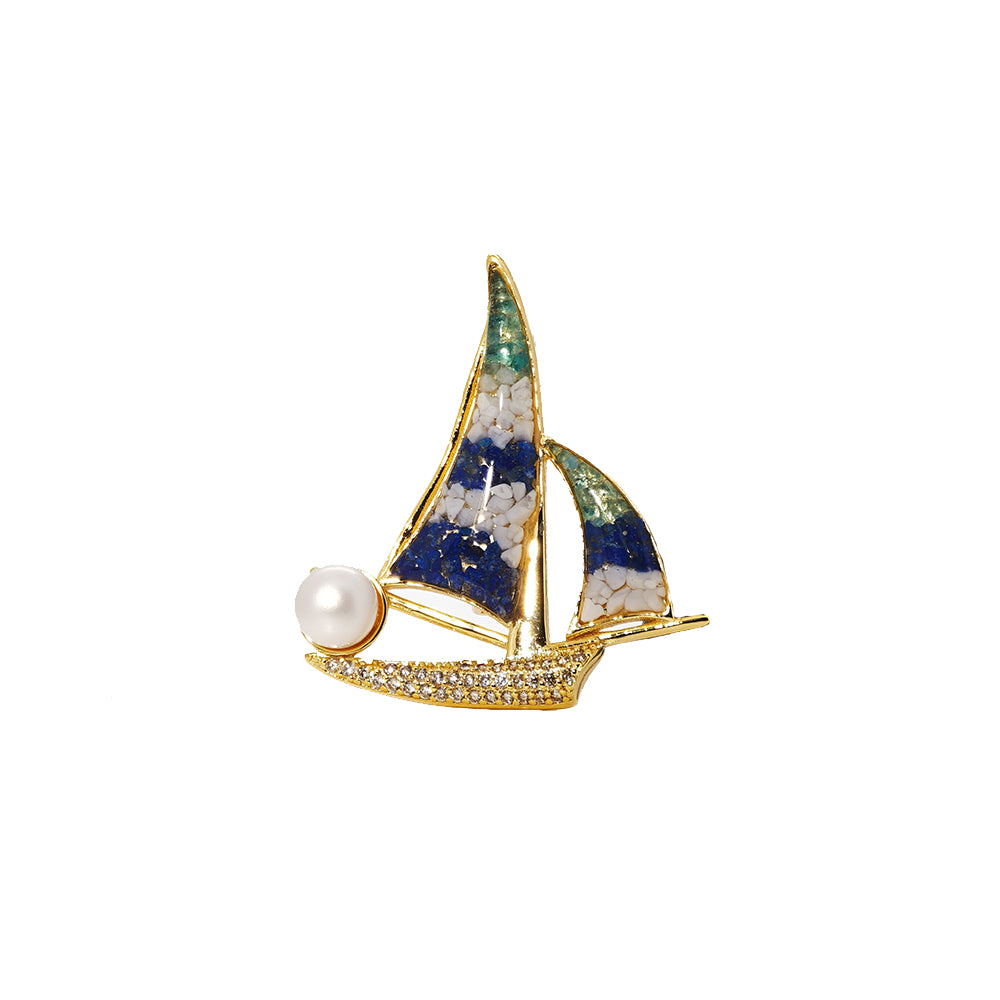 Color Stone Inlay Brooch – Sailboat, Blue & White Style