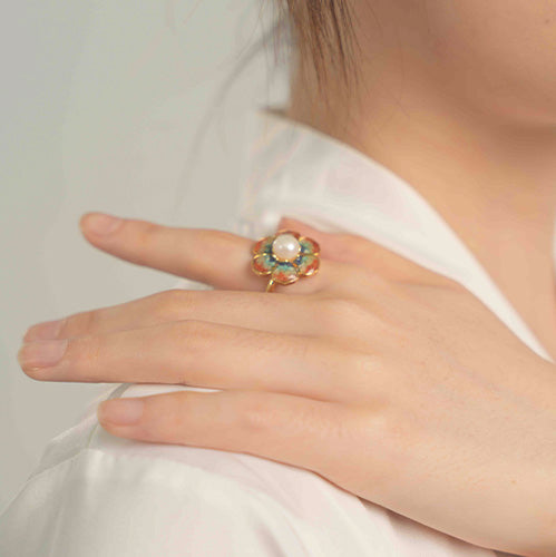 Romantic Floral Teardrop Stud Earrings + Baoxiang Flower Ring Set