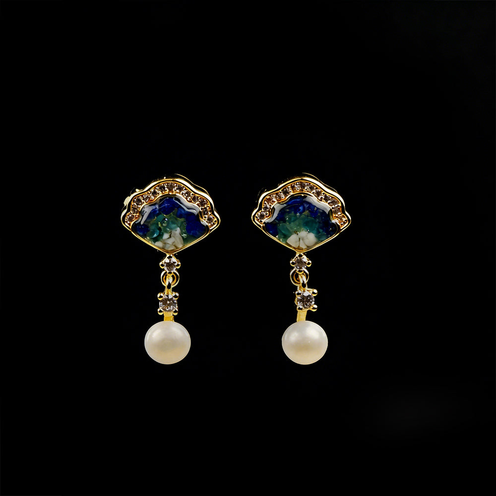 Blue & White Pearl Fan-Shaped Stud Earrings
