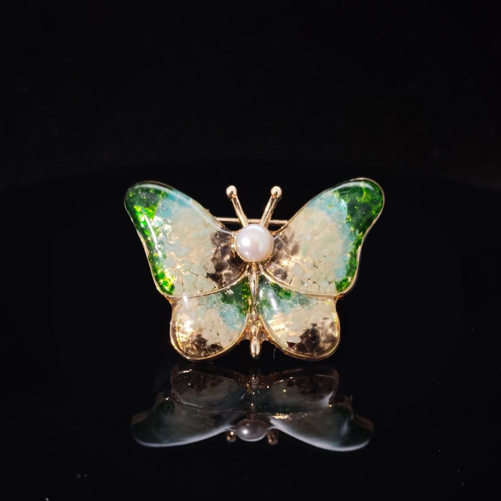 Vintage Jade Green Stone Inlay Butterfly Brooch