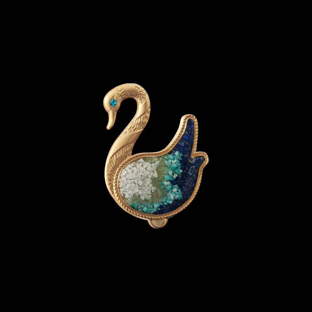 Blue-and-White Porcelain & Colored Stone Inlay Swan Brooch