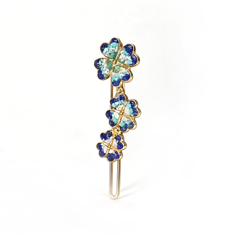 Cyan Lapis Four-Leaf Clover Hairpin with Enamel Inlay