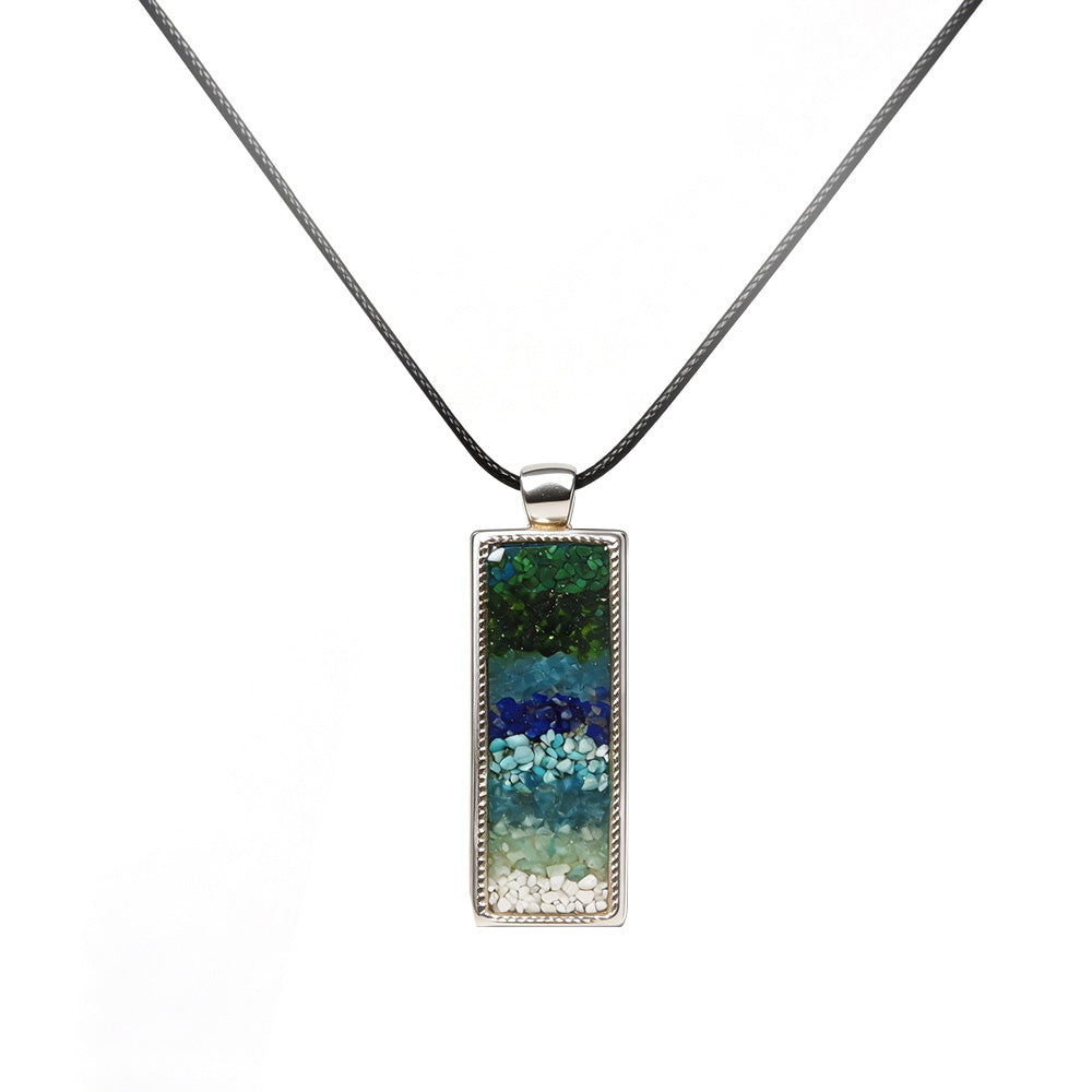 Azure-Green Landscape Rectangular Necklace with Colorful Stone Inlay