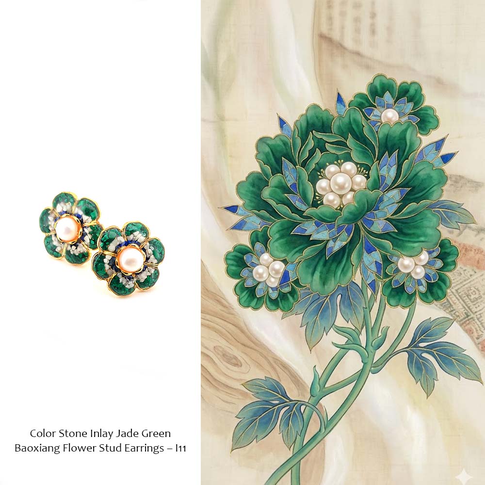Color Stone Inlay Jade Green Baoxiang Flower Stud Earrings