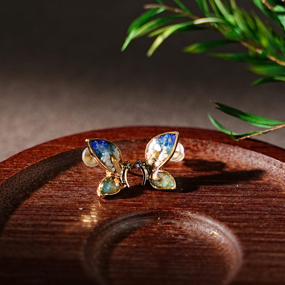Color Stone Inlay Blue & White Butterfly Wing Stud Earrings