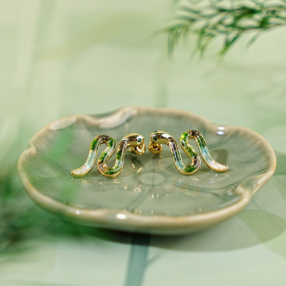 Jade Green Serpent Gem Stud Earrings