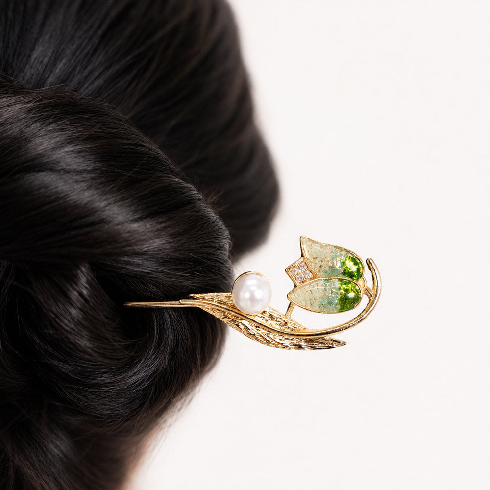Enameled Tulip Hairpin with Jadeite Green Inlay