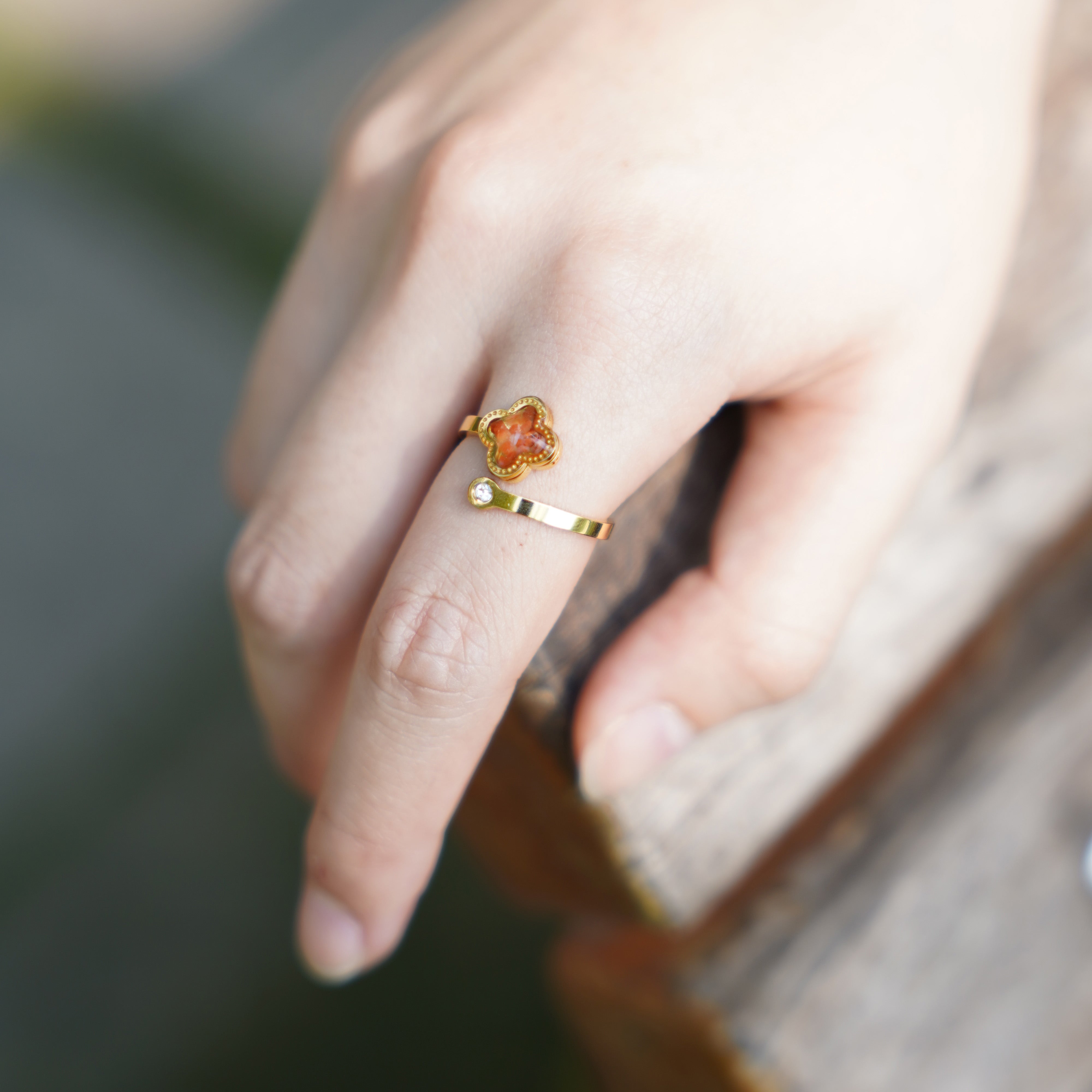 Color Stone Inlay Four-Leaf Clover Ring with Crystals – Red & Prosperous Series