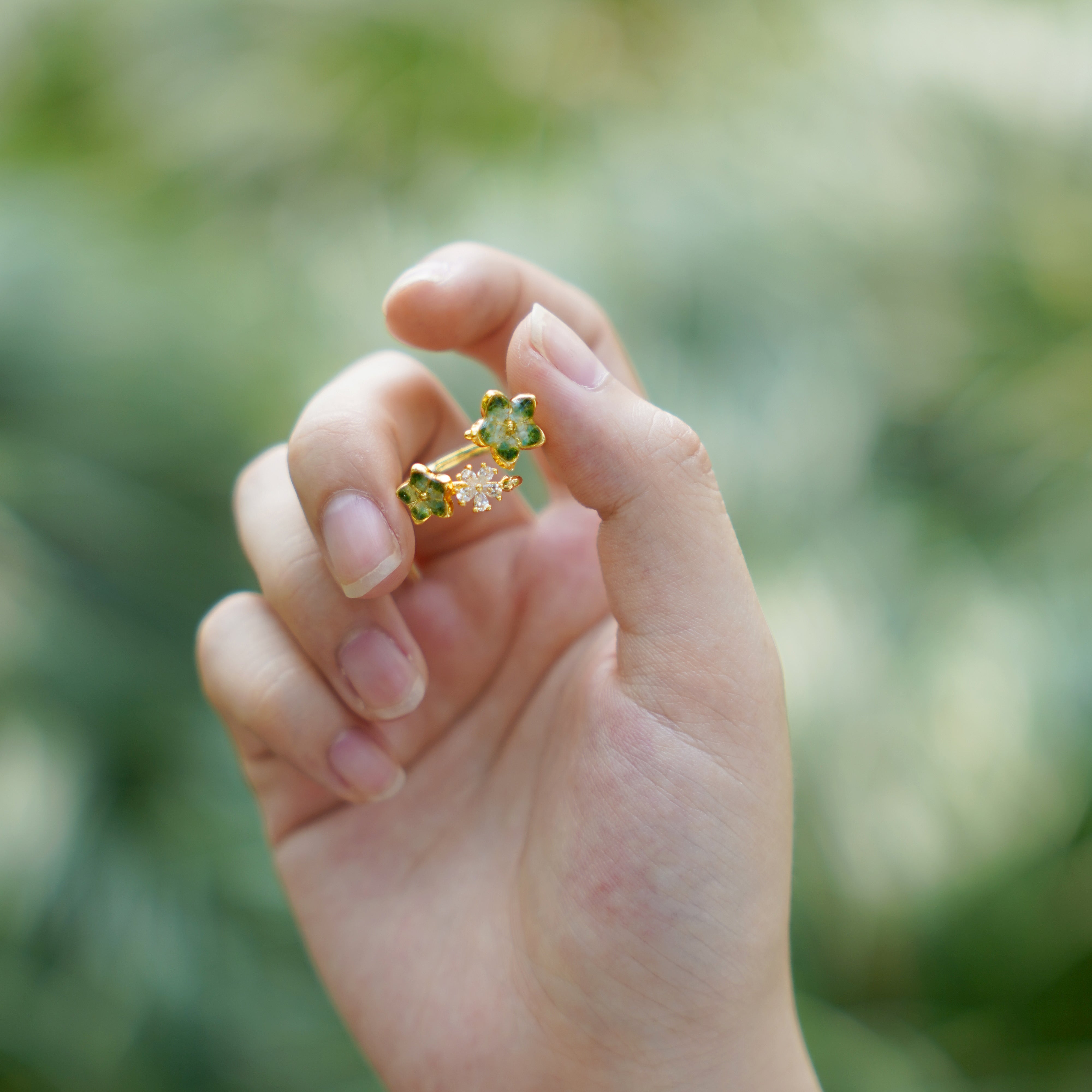 Colored Stone Inlaid Jade Green Peach Blossom Ring
