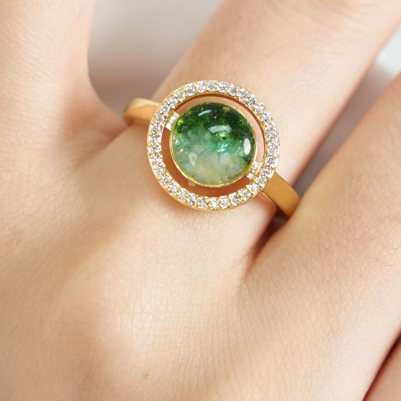 Jadeite Green Big Round Bean Ring Inlaid with Colored Stones