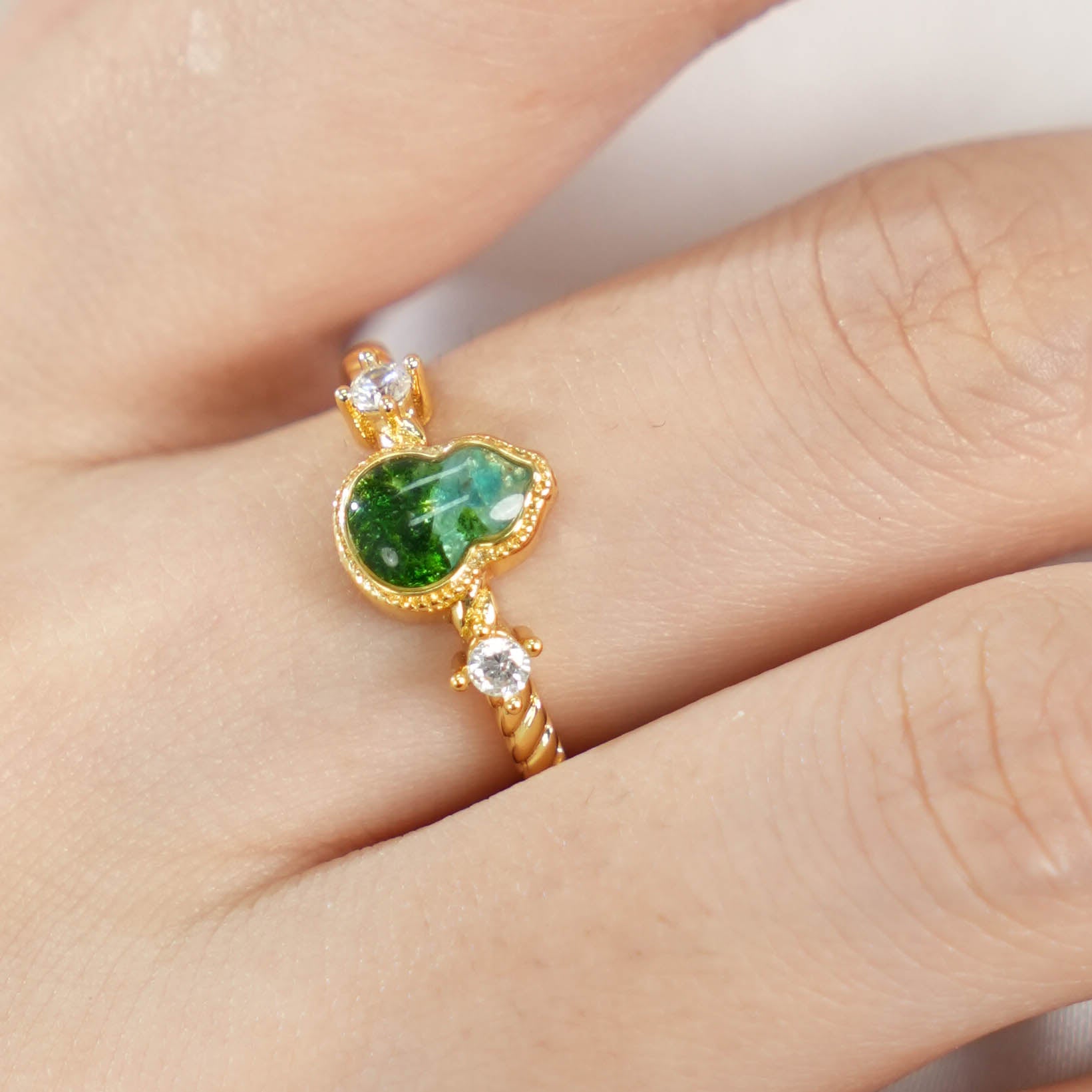 Jadeite Green Gourd Ring Inlaid with Colored Stones