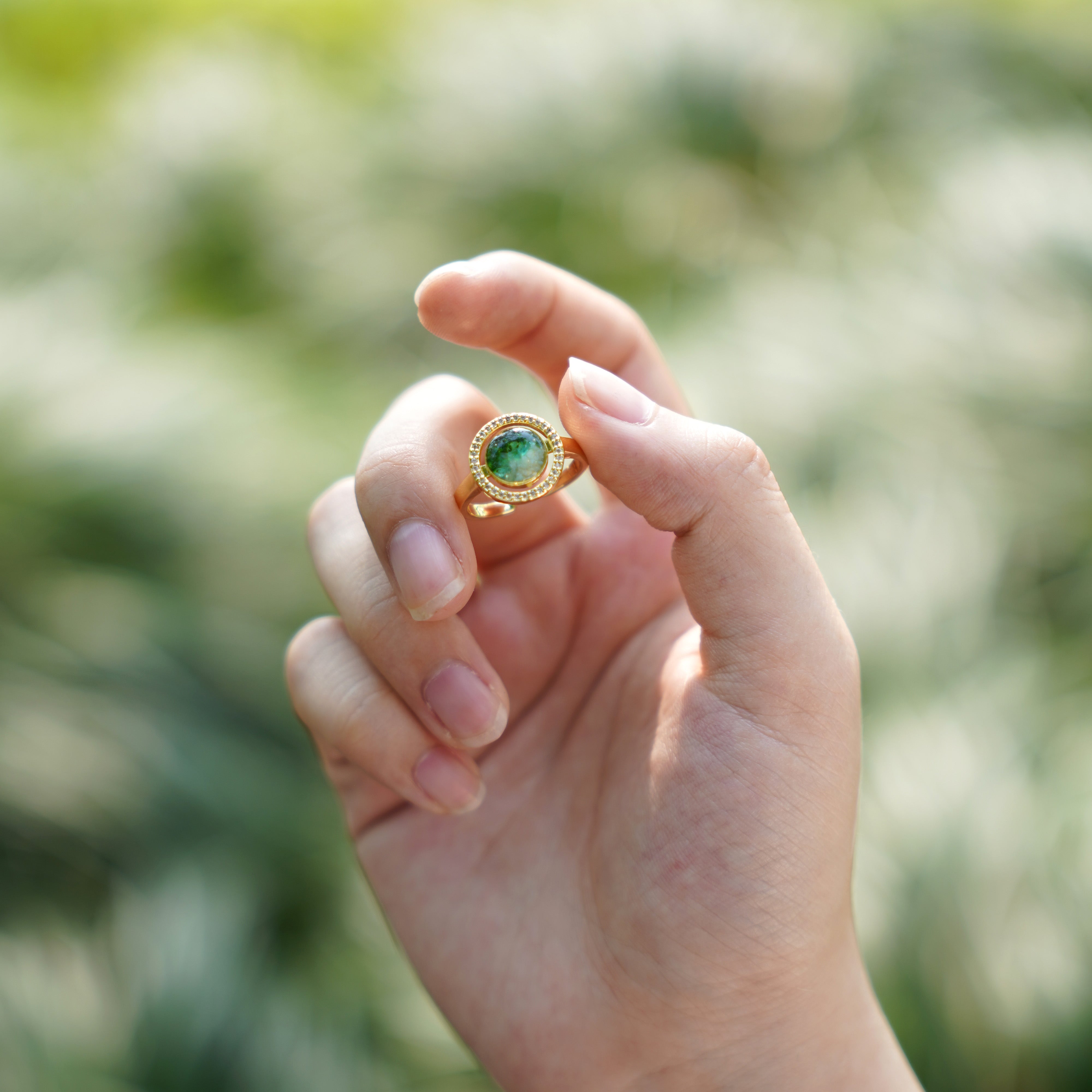 Jadeite Green Big Round Bean Ring Inlaid with Colored Stones