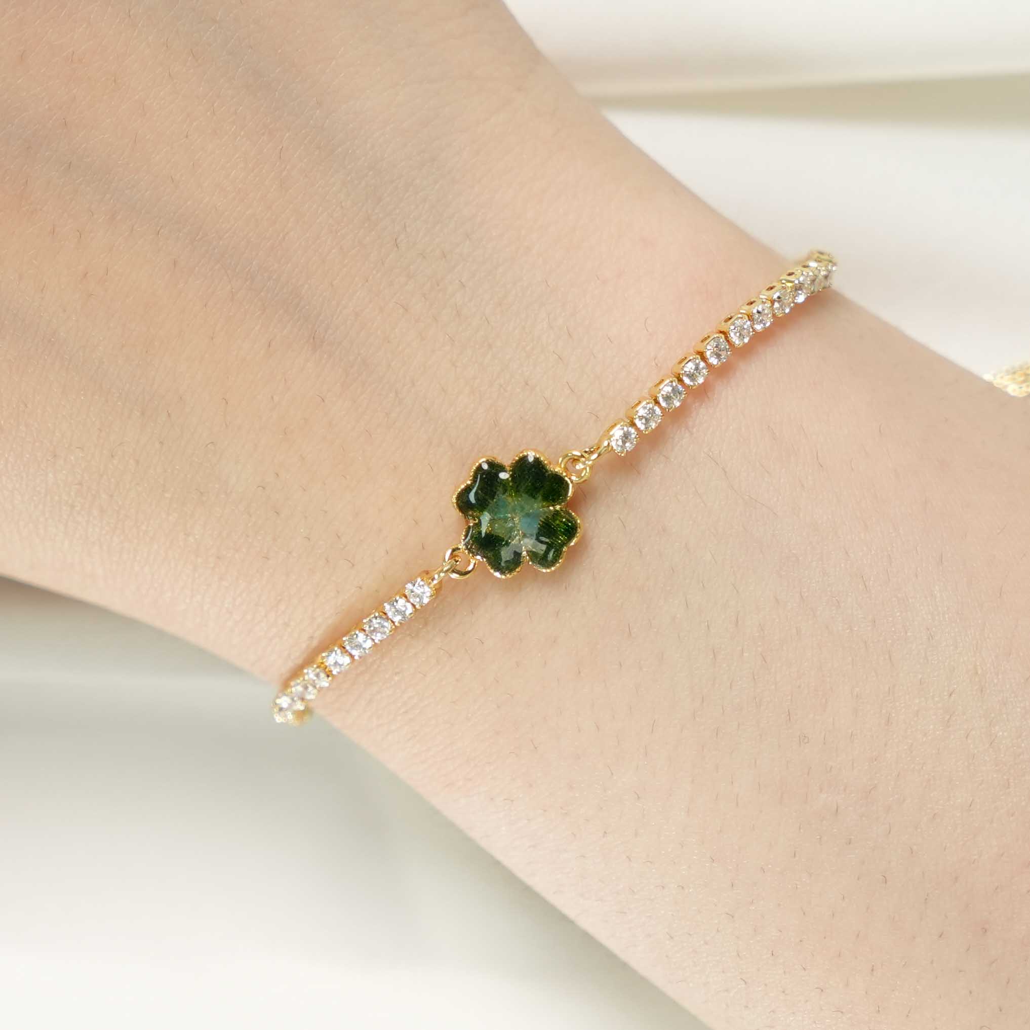Color Stone Inlay Bracelet – Four-Leaf Clover C, Jade Green Series