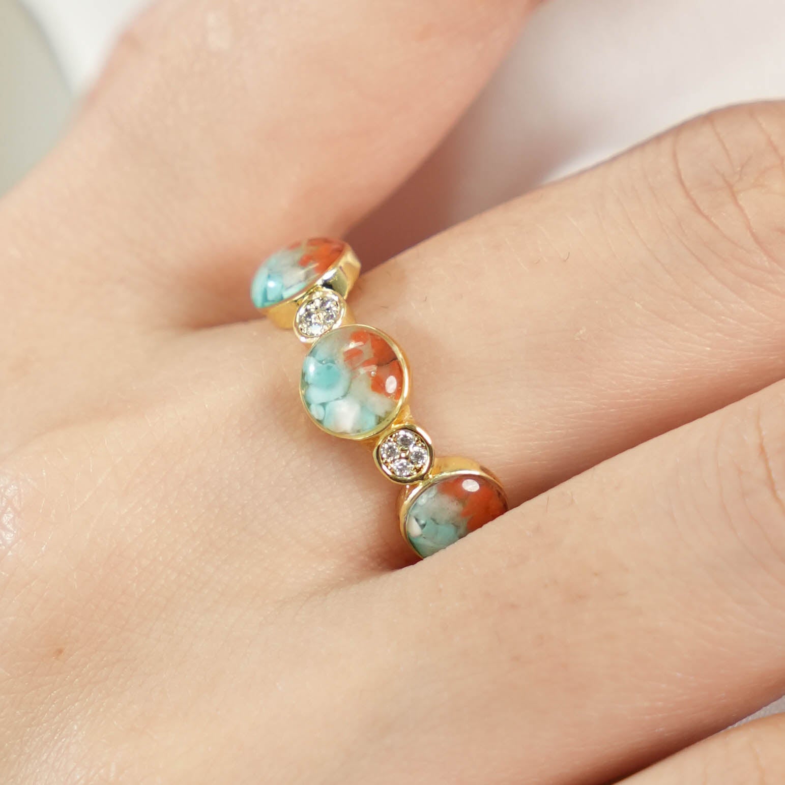 Color Stone Inlay Round Bead Ring – B Style, Dunhuang Red Series