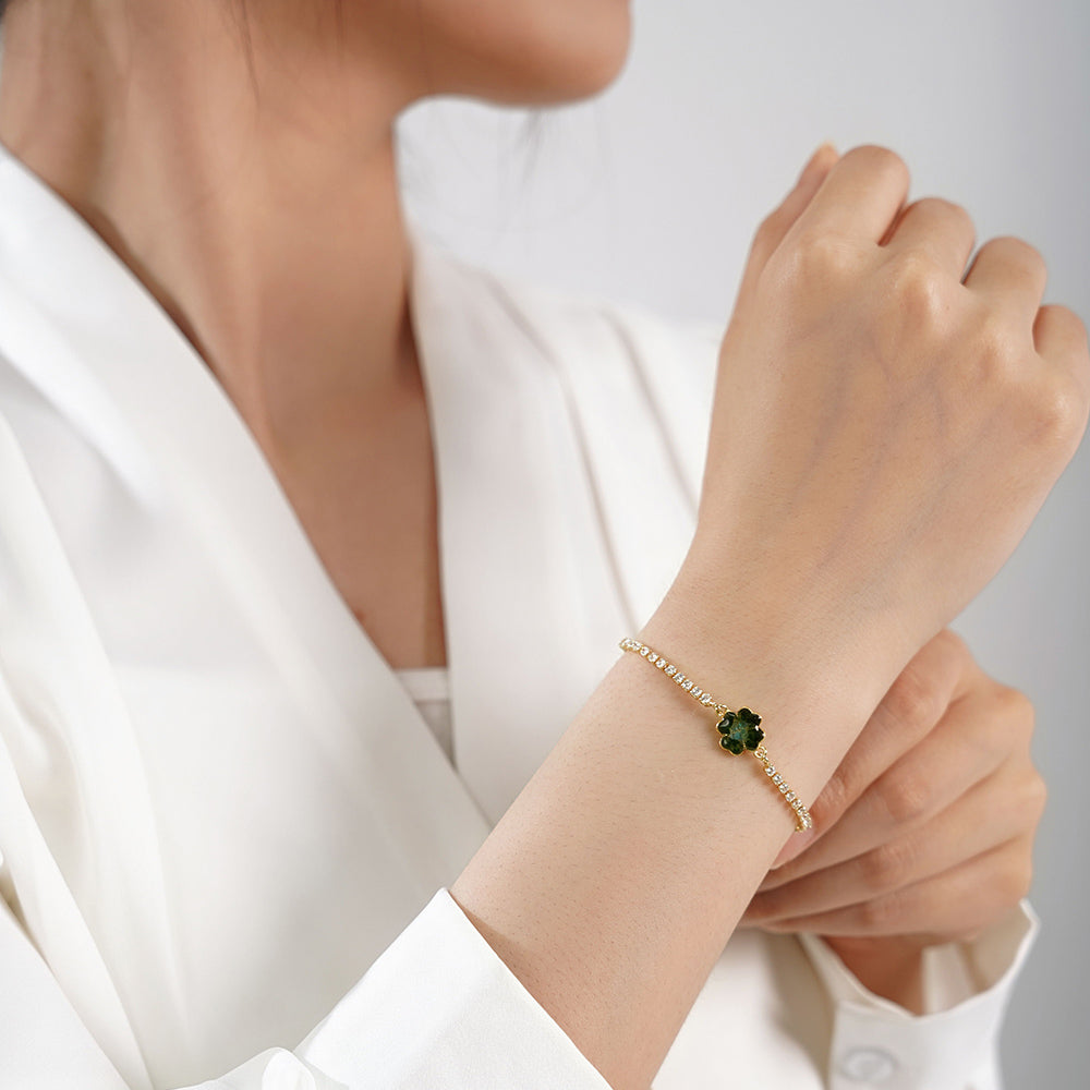 Color Stone Inlay Bracelet – Four-Leaf Clover C, Jade Green Series