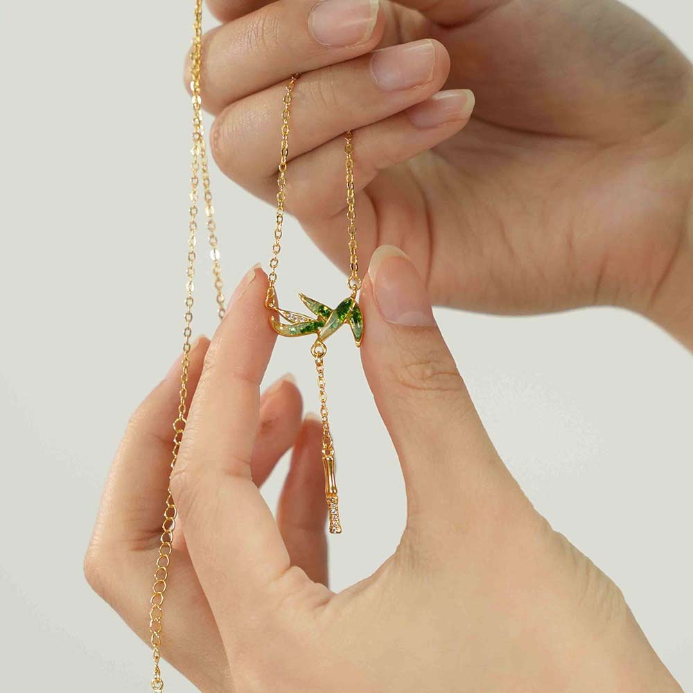 Jadeite Bamboo Leaf Necklace with Colored Stone Inlay