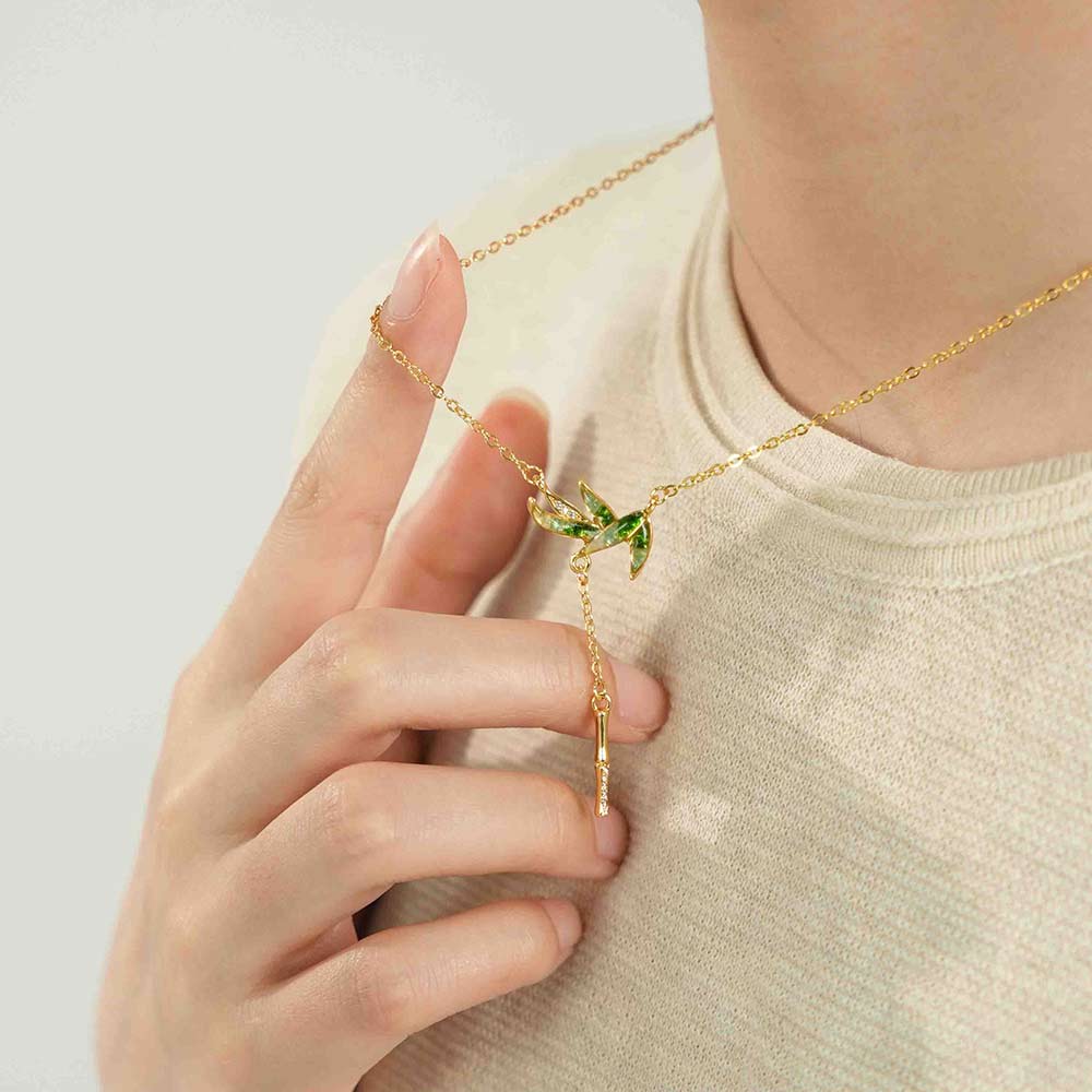 Jadeite Bamboo Leaf Necklace with Colored Stone Inlay