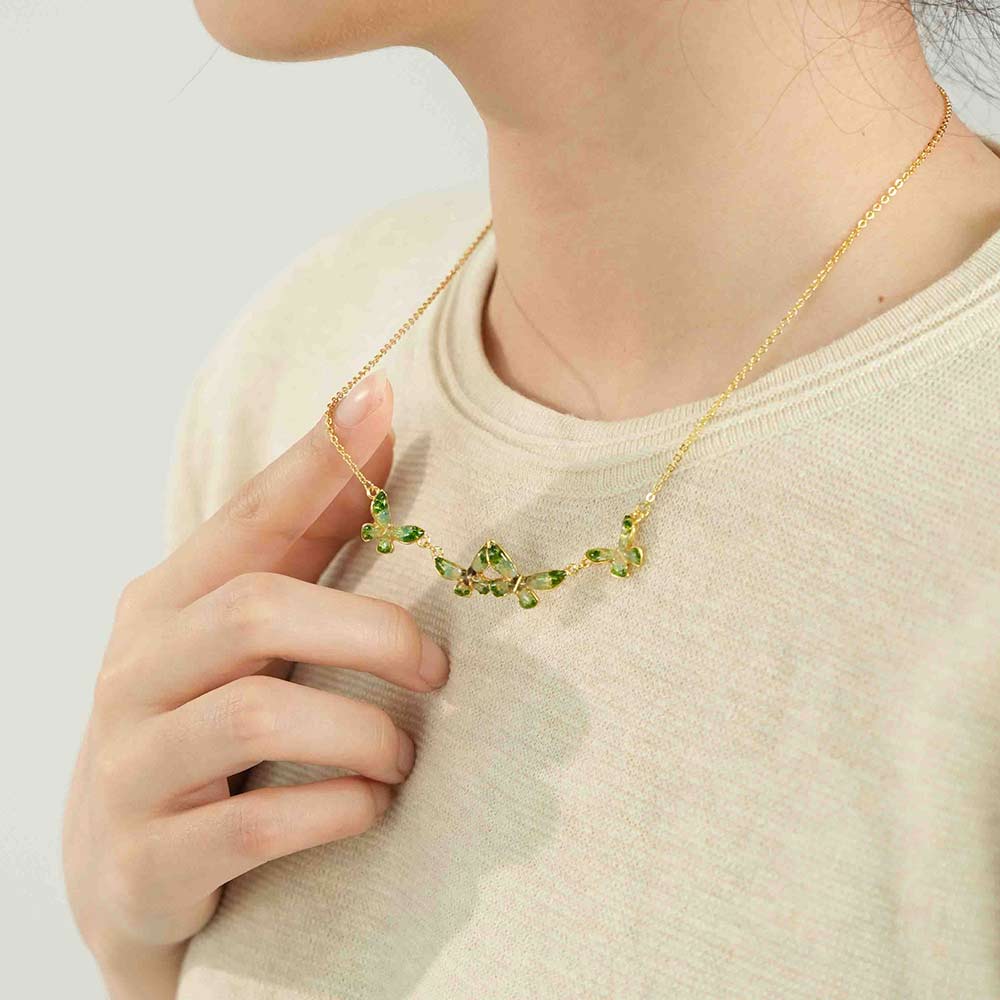 Jadeite Green Butterfly Necklace with Colored Stone Inlay