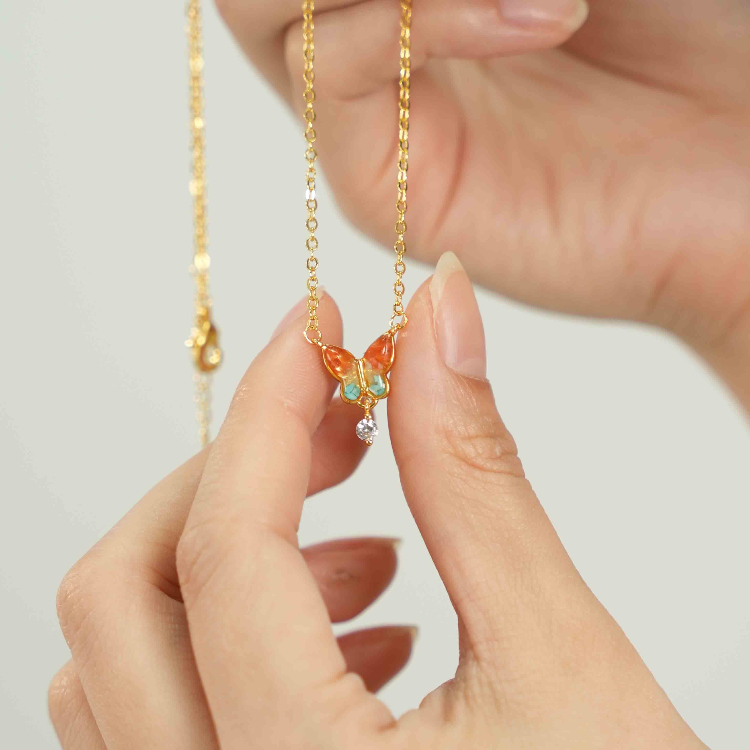 Color Stone Inlay Small Butterfly Necklace – Dunhuang Red