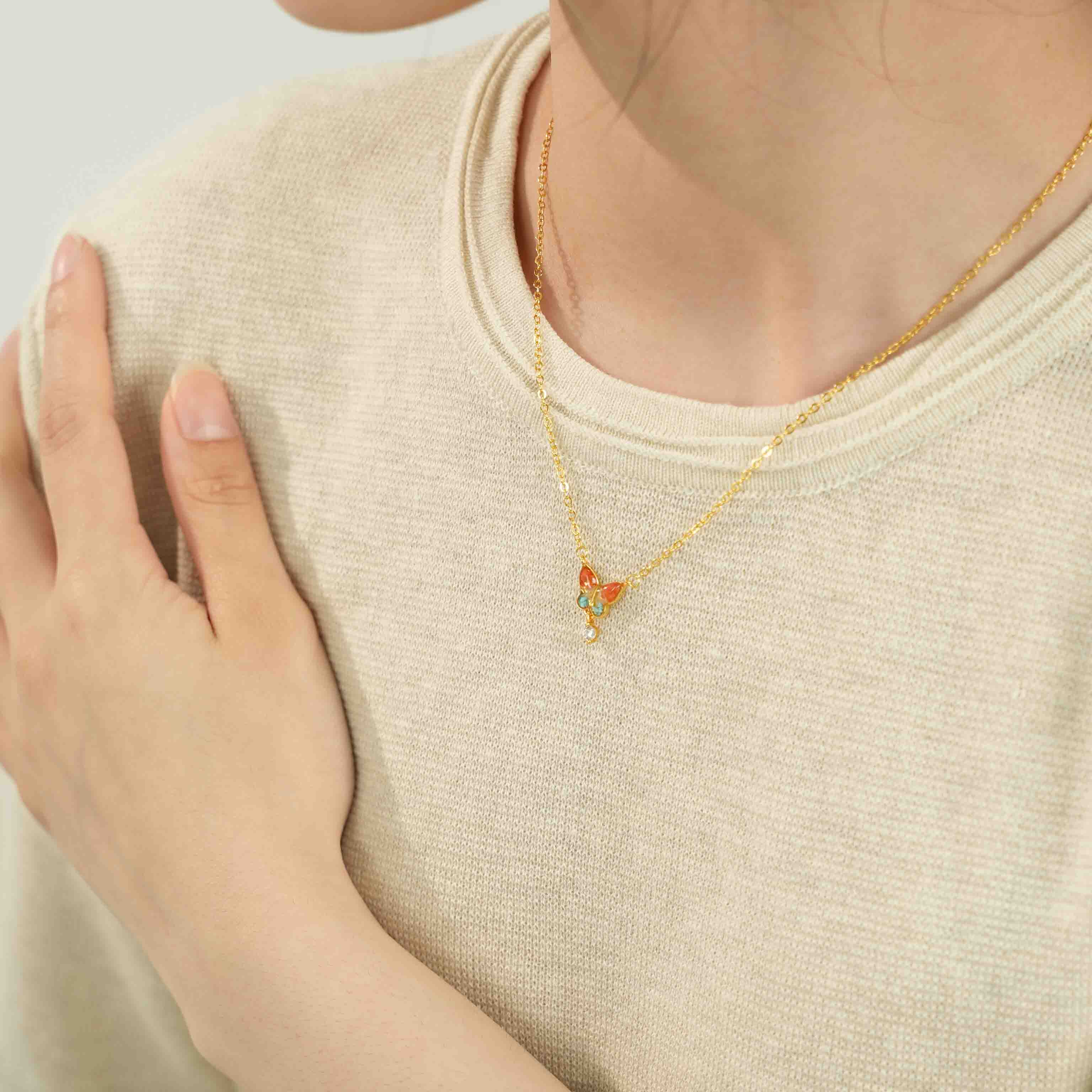 Color Stone Inlay Small Butterfly Necklace – Dunhuang Red